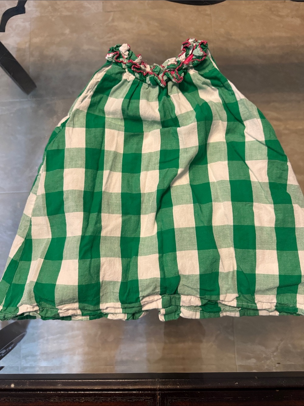 Girls' Green and White Gingham Sundress with Ruffle Neckline